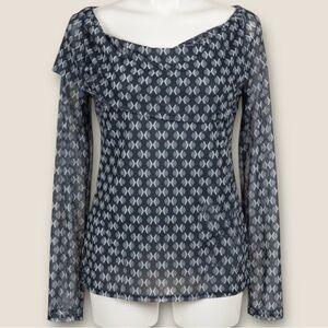 NWOT Blue/Gray Patterned Women's Top Asymmetrical Collar Sheer Sleeves LINED szM
